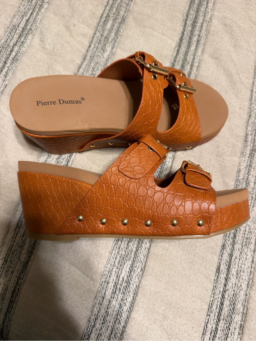 Pierre Dumas Orange Croc-Texture Wedge Slide Sandals